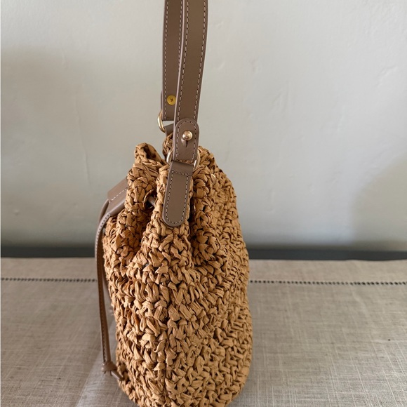 Woven Straw Bucket Bag with Tan Leather Trim - Picture 5 of 10